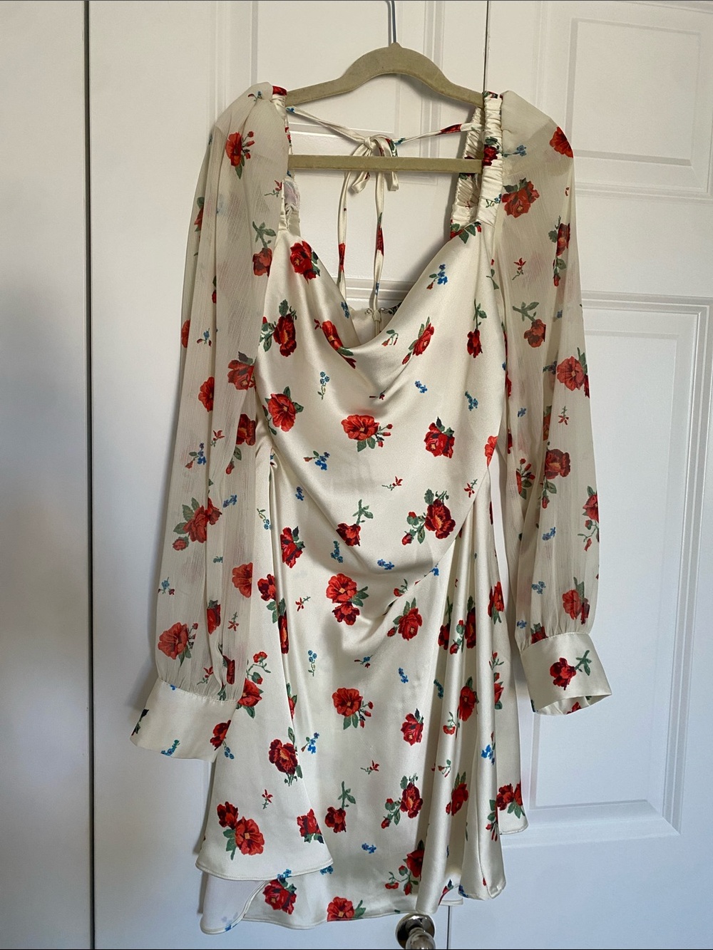 Floral Ivory Red Long-Sleeve Cowl Neck Dress